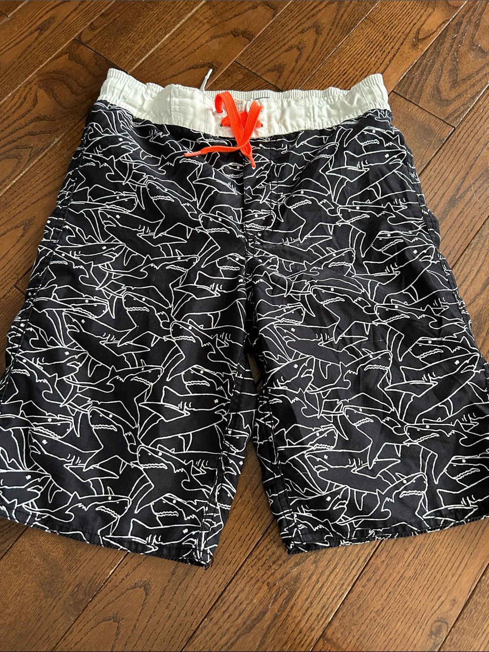 🔥 4/$25 - Black Shark Print Swim Trunks with White Waist and Orange Drawstring